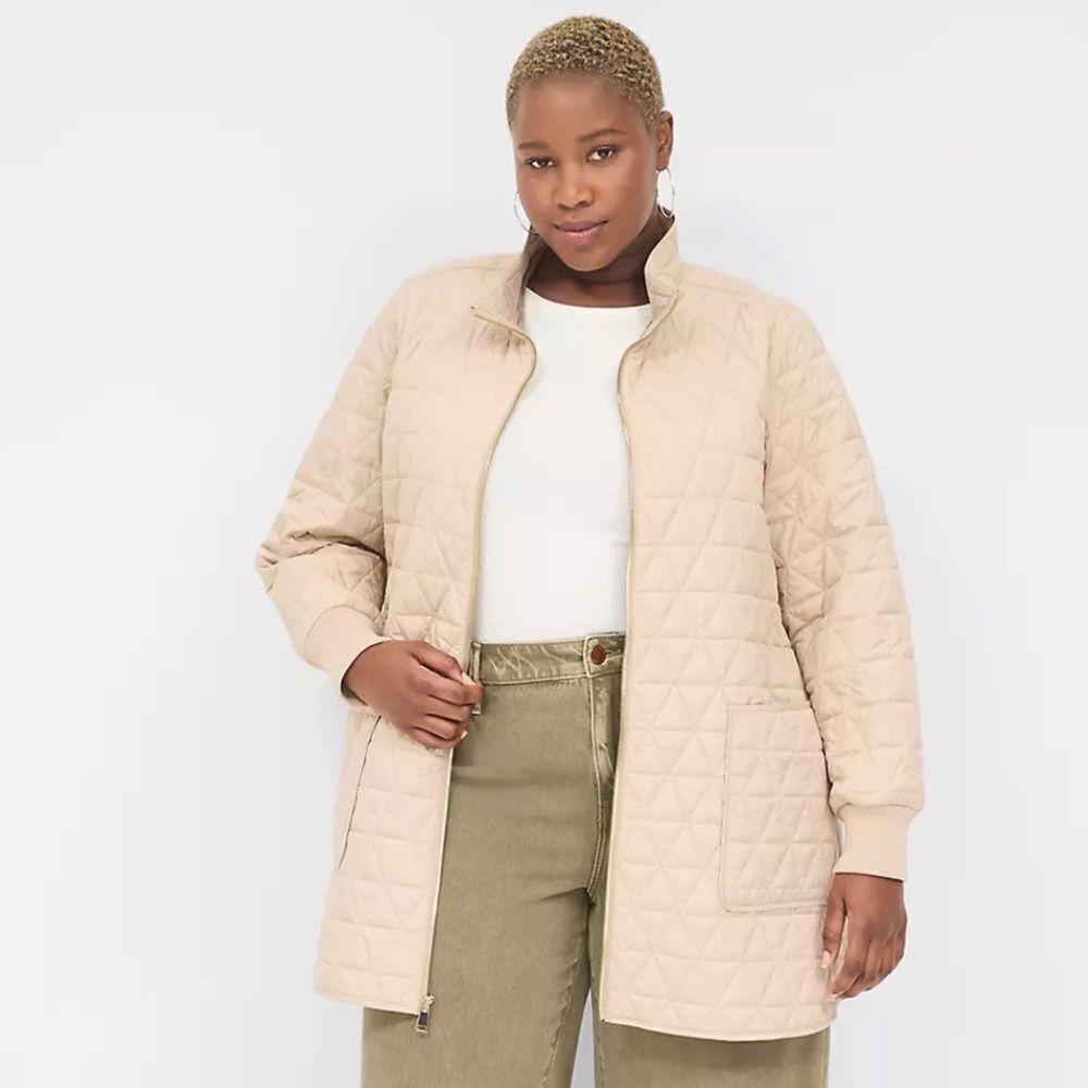 Lane Bryant 26/28 Beige Quilted Lightweight Full Gold Tone Zip Liner Jacket